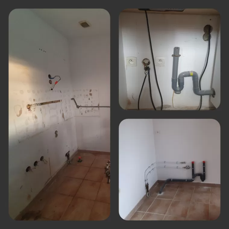 Modifications cuisine, prises, plomberie, rebouchage et Enduit + peinture.